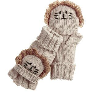 NEW NWT World Market LION gloves fingerless flip top women's knit tan cute beige
